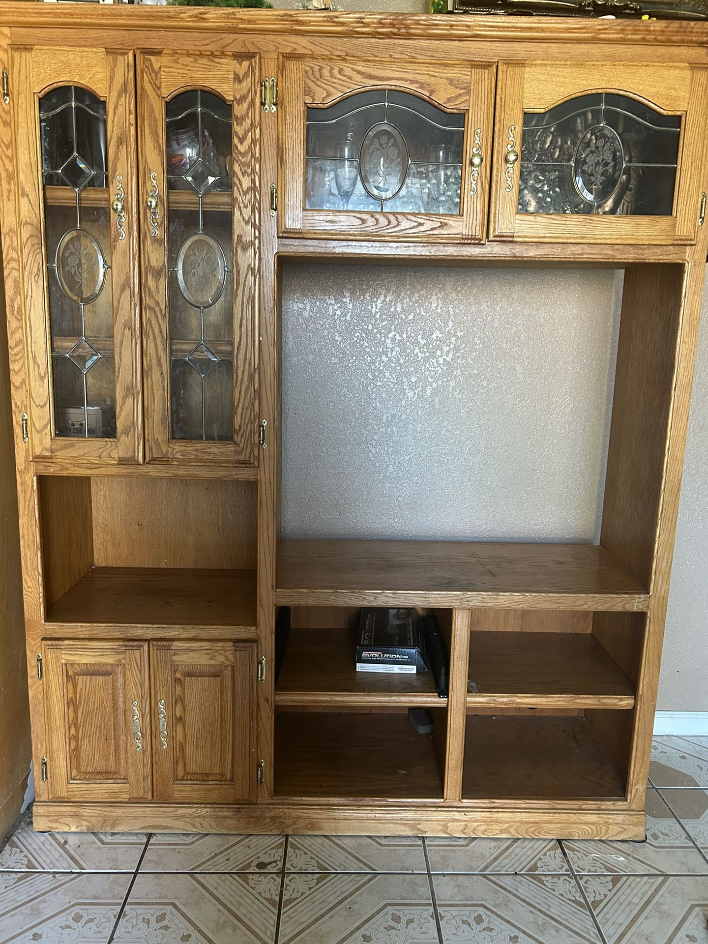 Oak Entertainment Center with Glass Display Cabinets
