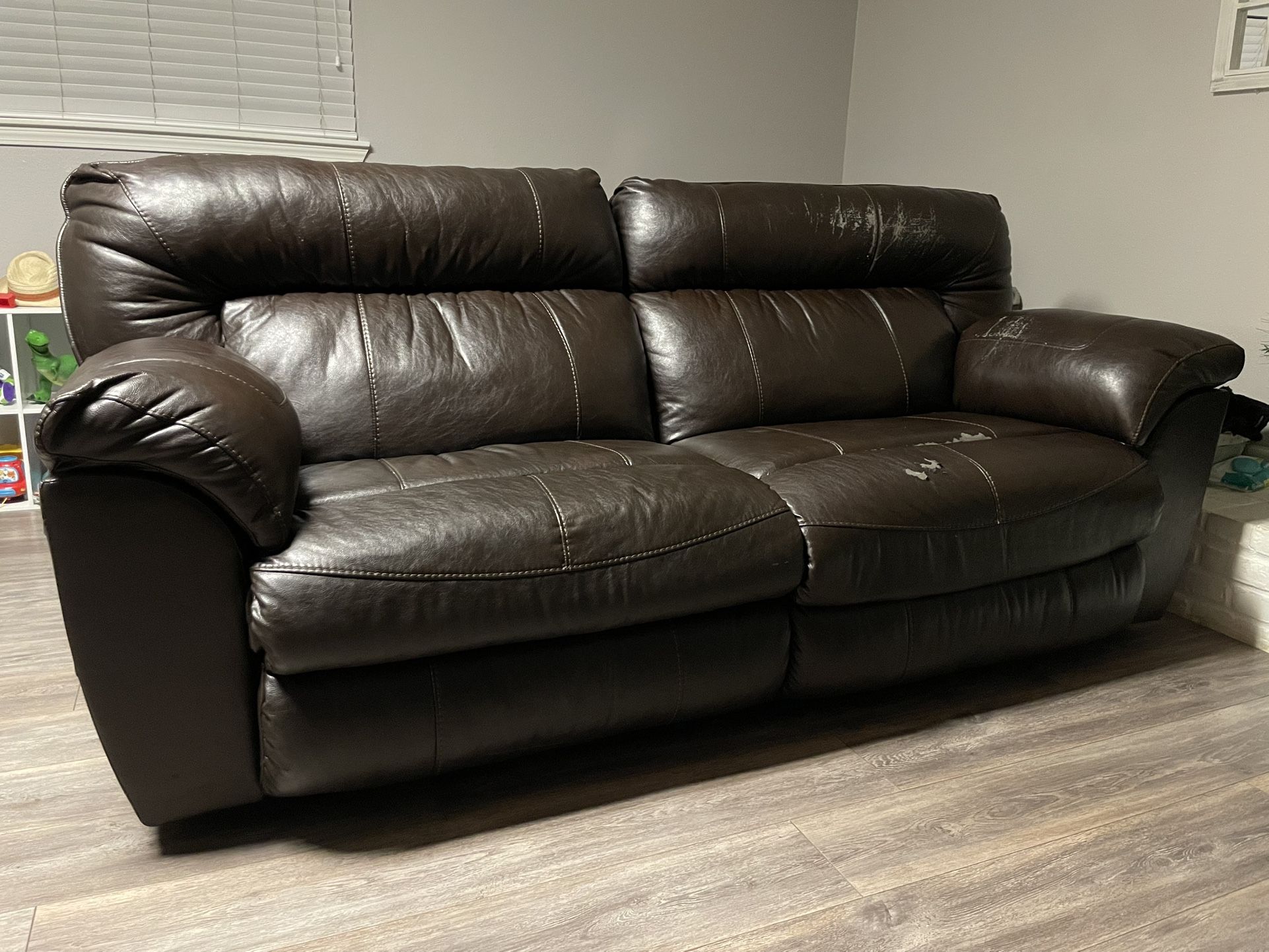 Brown Leather Couches- Love Seat with Console, Sofa, & Recliner