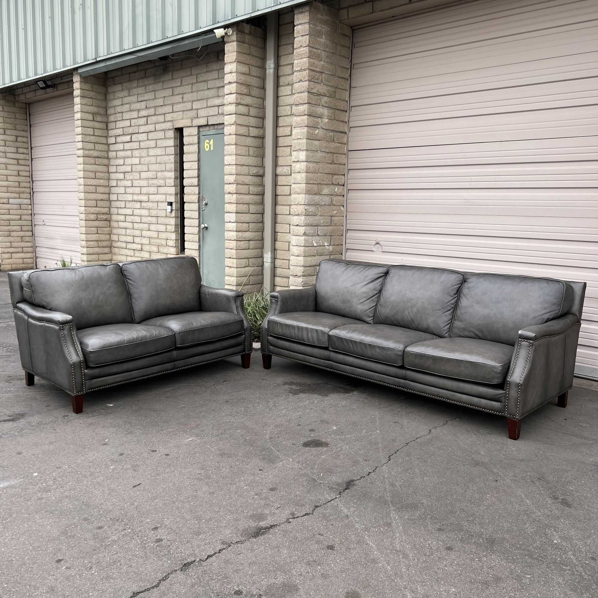 Edgewood 2Piece Top Grain Gray Leather Nailhead Sofa & Loveseat Set