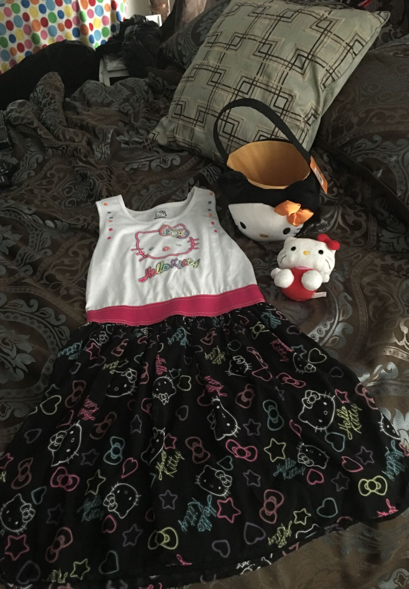 Hello Kitty XL Dress, halloween bucket & 2 plush dolls and jewel chest/box back to school