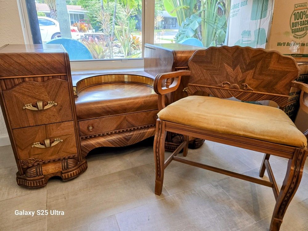 Art Deco Vanity with Large Mirror and Arm Chair