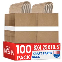 MESHA Brown Paper Bags With Handles 8x4.25x10.5 Inch 100 Pack,Kraft Gift Bags Bulk, Medium Size Craft Bag For Shopping Birthday Party Favor Grocery Re