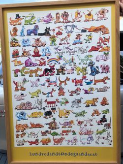 Vintage Hundred and Two dogs and a cat wooden framed poster