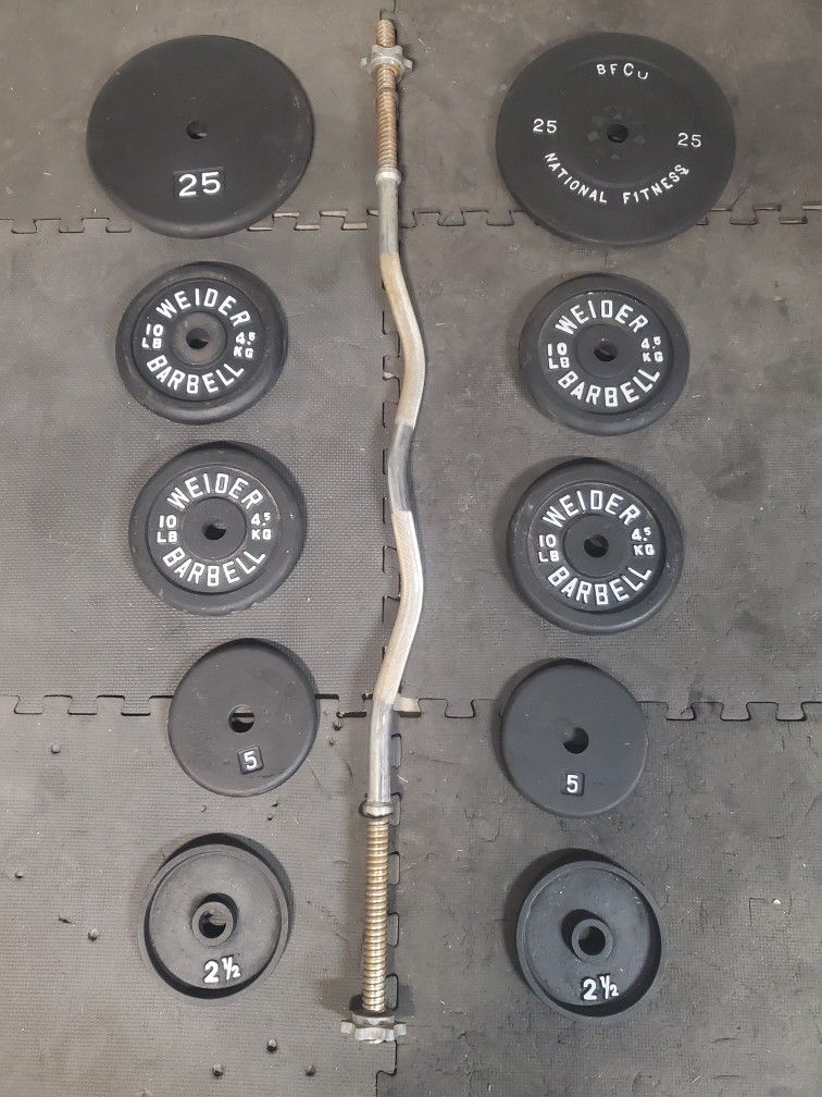 Standard Curl Weight Set Solid 18lb Curl Bar 2x25lbs 4x10lbs 2x5lbs 2x2 ½lbs That's 123lbs With Bar
