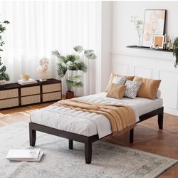 Black Real Wood Platform Twin Bed Frame With mattress 