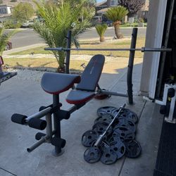Bench press with 7ft bar plus 265lbs of Olympic weights and curl bar