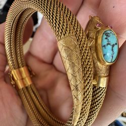 Vintage 1960’s Italy 18k Yellow Gold Turquoise & Ruby Serpent Snake Bracelet 61g