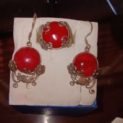 Red Coral Ring And EARRING SET