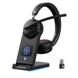 Wireless Headset with Mic for Work-Bluetooth 5.3 Headset with Noise Cancelling, Wireless Headsets with 65Hrs Battery & 10Min Fast Charge, Smart Dock w