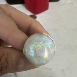 925 Sterling Silver , Large , Round Genuine Moonstone Rainbow Of Colors, Ring , Size 8 , Gorgeous Stone , Marked 925 