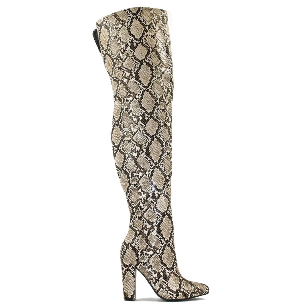 THIGH HIGH BOOTS - NUDE SNAKE PRINT