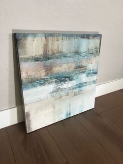 24x24 Square Turquoise Blue/Brown/Cream White Abstract Canvas Artwork