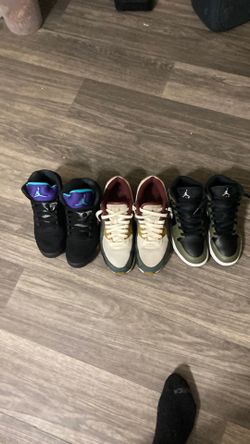 Jordan 1 mid, black white olive, size 7 and Jordan 5 retro, top 3, size 7 Nike Air Max 90 Premium Vintage Green Size 9 all slightly used