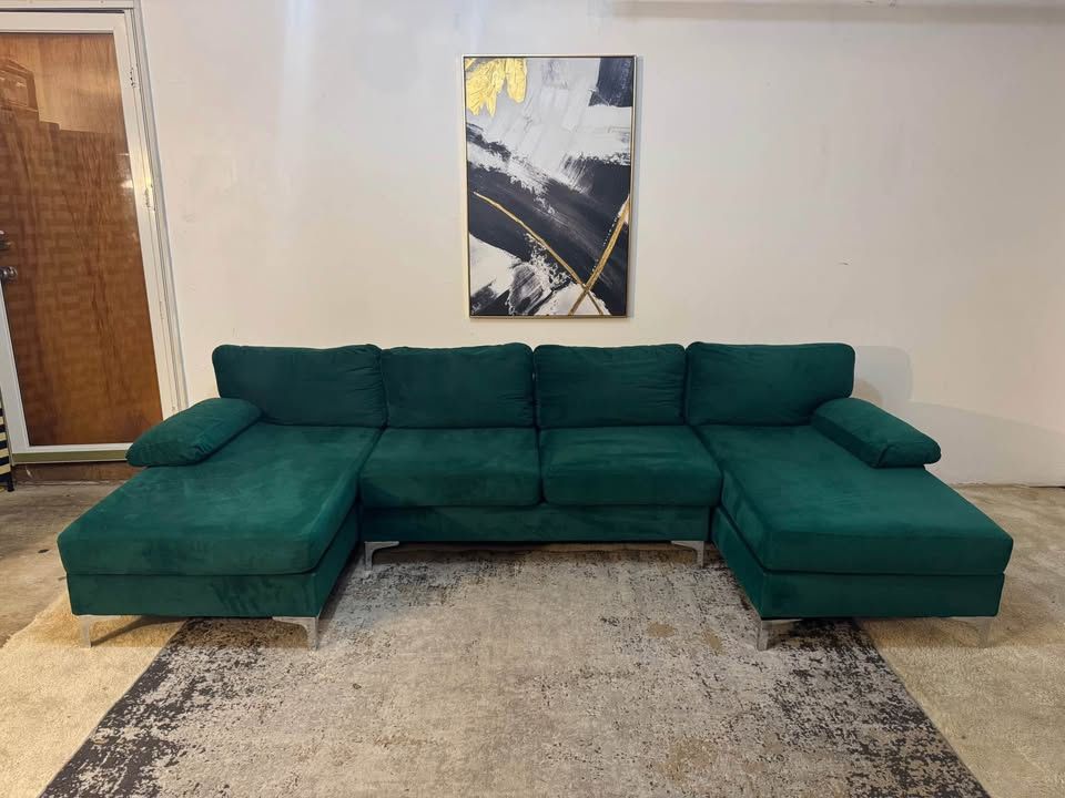Green Velvet 4-Seater U-Shape Sectional Sofa