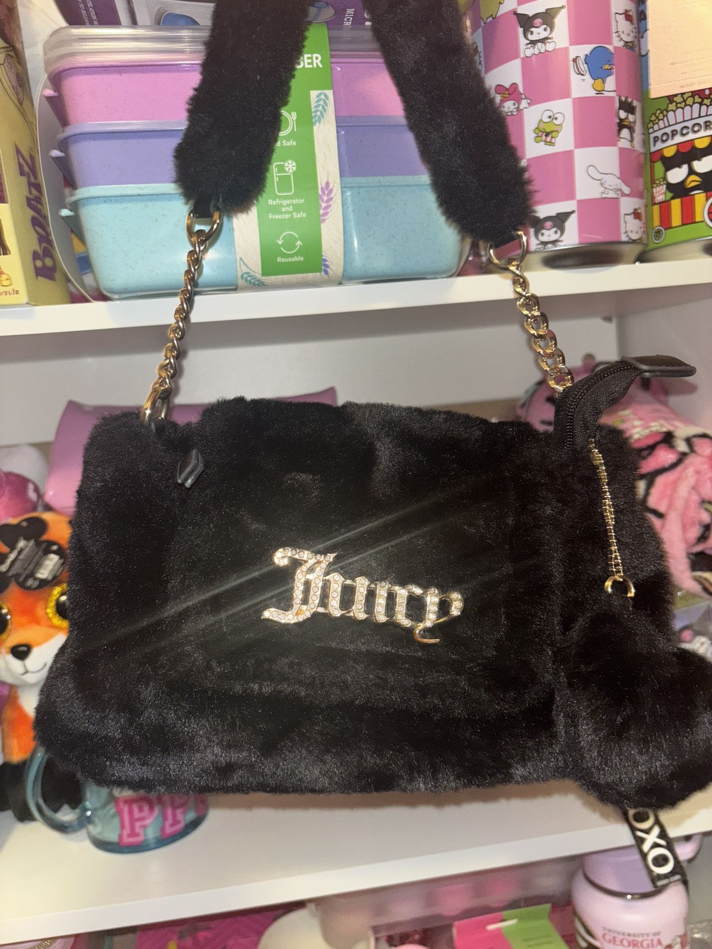 Juicy Couture fluffy, licorice shoulder bag, fluffy heart charm, gold chain