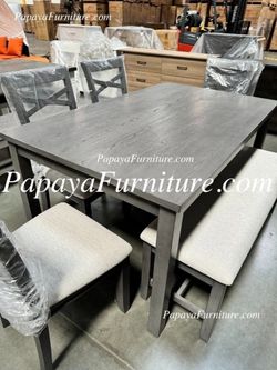 NEW 6 PIECE Dining Room Table Chair and Bench Set Kitchen Furniture Grey Gray Fabric Upholstered Cushion Wood Discount Furniture Warehouse BIG SALE