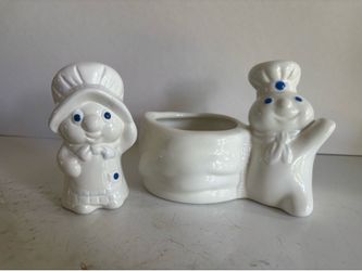 Vtg 1997 Pillsbury Dough Boy Ceramic Scrubber / Sponge Holder or Small Planter and Poppie fresh 1988 salt shaker