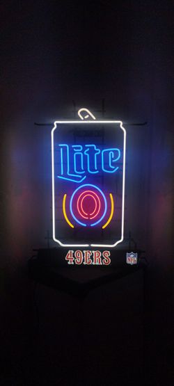 MILLER LITE ( 49 ERS ) NEON SIGN . DODGERS & ANGELS BOBBLEHEADS AVAILABLE.( ALSO PLENTY OF NEON SIGNS / LIGHTS AVAILABLE FOR SALE ) TAP HANDLES