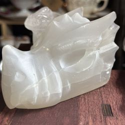 Large Natural Selenite Dragon Head Carving Statue Crystal Decor 