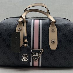 GUESS Logo Sport Large Box Satchel Bag Coal Black Beige SI503407 NWT!!