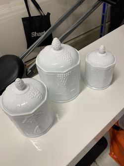 Vintage Indiana Glass Milk Glass Harvest Grape 3 Pc Canister Set w/ Lids