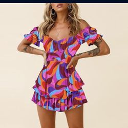 Women Boho Romper Off Shoulder Ruffle Chiffon Shorts Jumpsuit Playsuits
