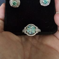 ****PRICE CUT*** Sterling Silver 3 CT Lab Grown Blue Moissanite Diamond Ring And Earrings 