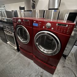 Red LG Front Load Washer And Dryer Electric Set With Cabinets In Excellent Condition!