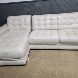 Modern Tufted Leather Sectional Couch with Chaise – White / Cream