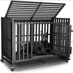 Heavy Duty Dog Crate, Escape-Proof Indestructible Cage for High-Anxiety Dogs, 3-Door Kennel with 4 Lockable Wheels and 2 Removable Trays Ideal for Lar