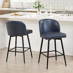 Barstools Bar Height Set of 2，Faux Leather in Blue