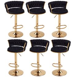 Set of 6 Velvet Bar Stools, Modern Swivel Adjustable Counter Height Kitchen Bar Chairs with Woven Back, for Dining Room Pub Island, Black