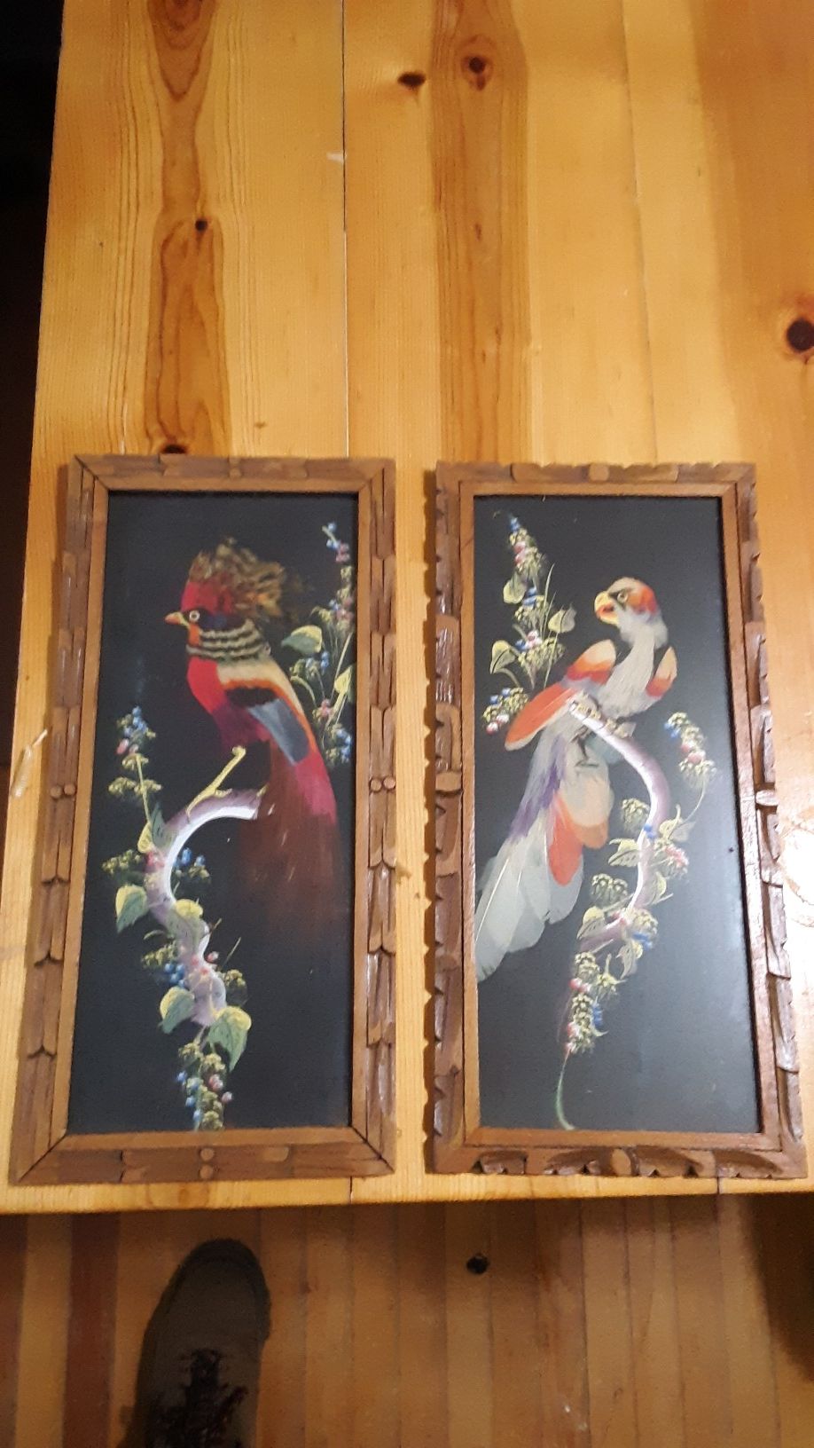Vintage Mexican feathercraft prints in carved frames