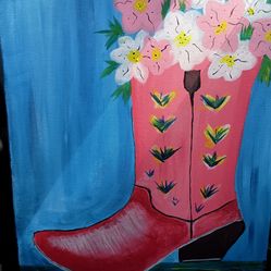 Cute Hand Painted Cowboy Boot With Flowers.