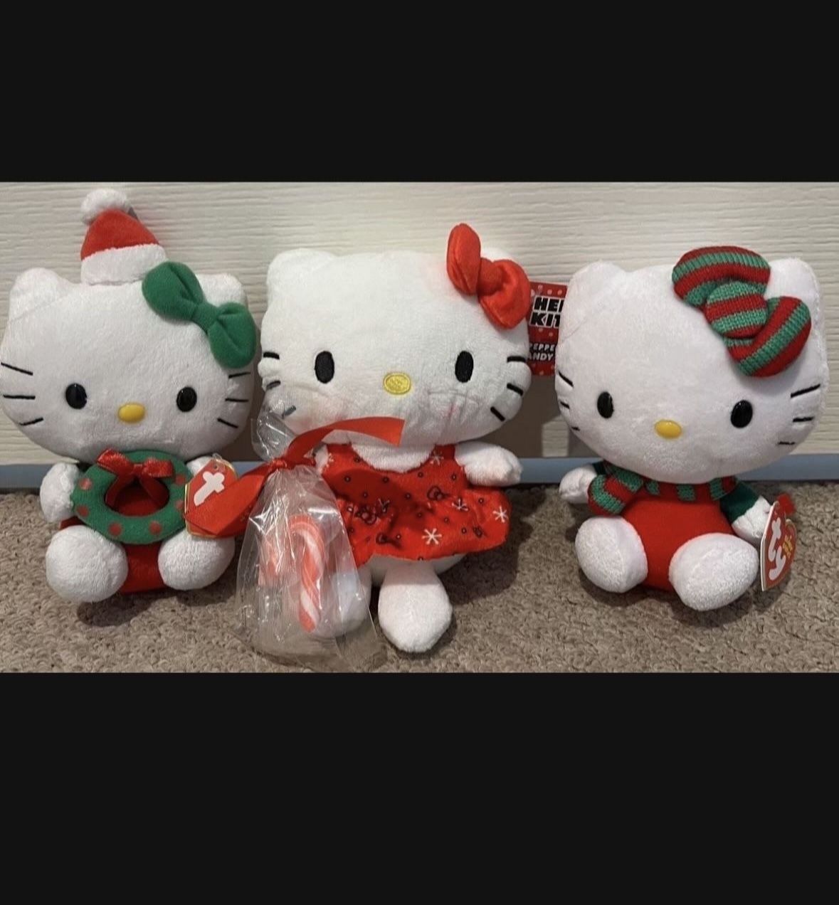 BRAND NEW WITH TAGS SANRIO COLLECTIBLE HELLO KITTY CHRISTMAS PEPPERMINT DRESS WITH CANDY CANE & TY BEANIE BABY PLUSHIES (PLEASE READ DESCRIPTION!)