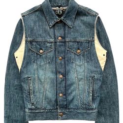 DESIGNER MAISON MIHARA YASUHIRO - Tagged size S. Fits S/M, see flat measurements. This slim cut, type 3 style denim jacket features a 2 piece construc