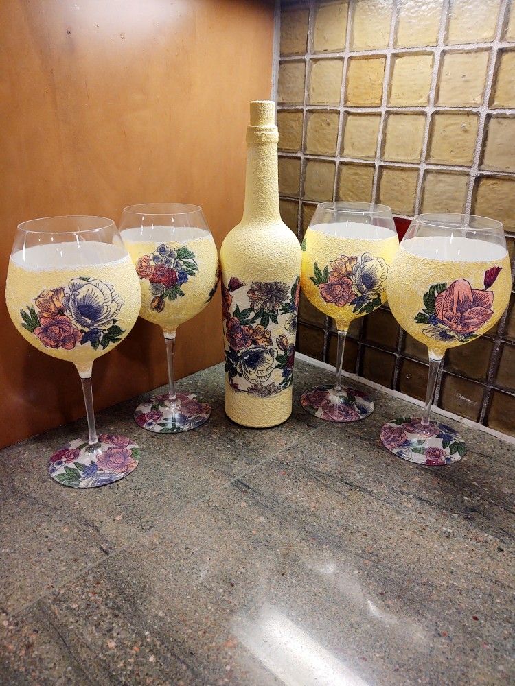 Hand Decorated Glass Bottle And Goblets
