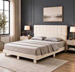 King Size Platfor m Be d Frame with Velvet Upholstered H eadboard