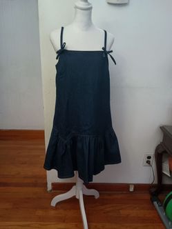 NWT Avec Les Filles Dark Blue Denim Bow Tie Shoulder Sundress Dress Medium