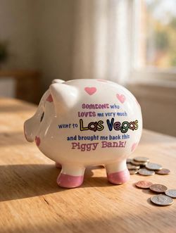 Las Vegas Piggy Bank Ceramic Pink Hearts Souvenir Someone Who Loves Me Gift Coin