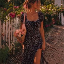Betsey Johnson 90s Cottagecore Coquette Floral Puff Sleeve Midi Dress Small