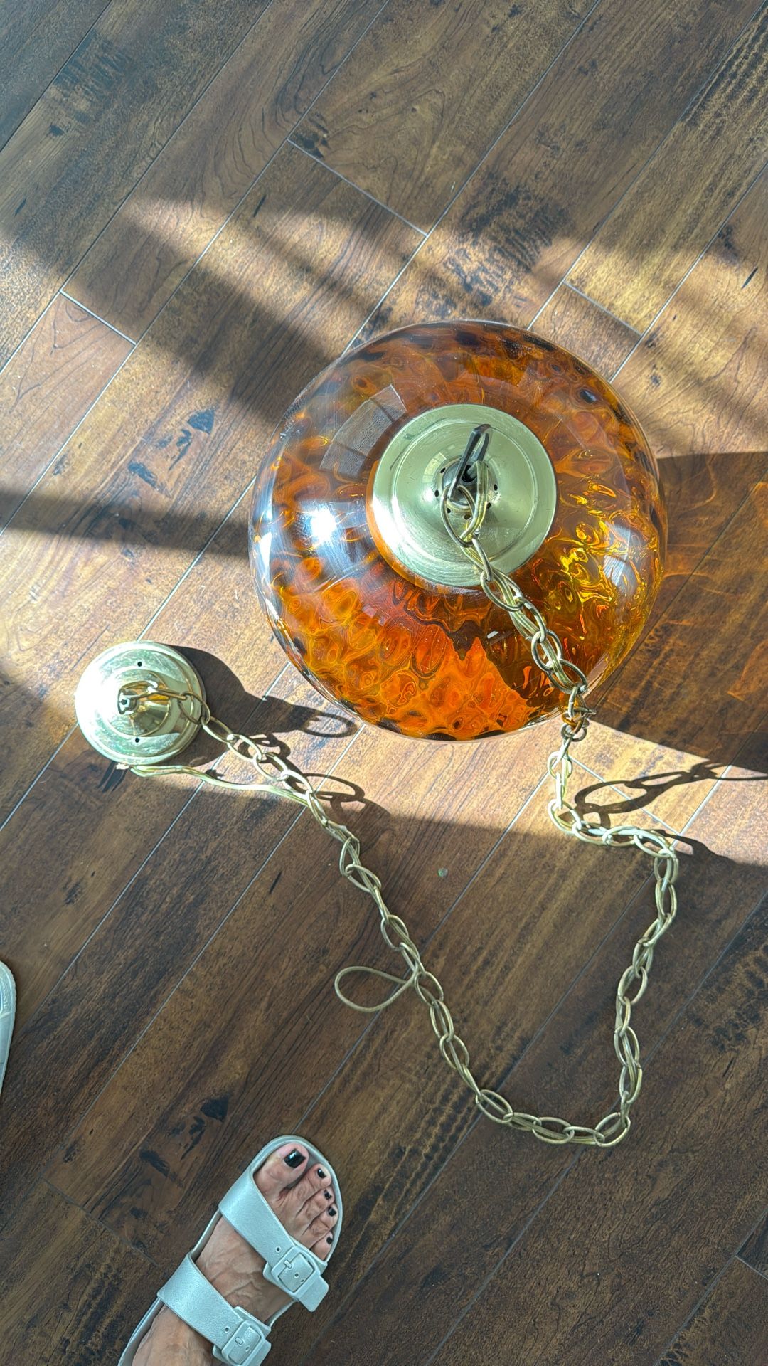 Mid-century Amber Glass Orb Pendant Light