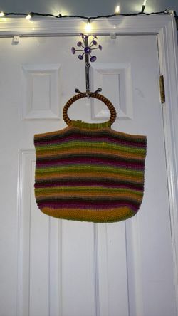 Striped Knit Tote Bag with Beaded Handles
