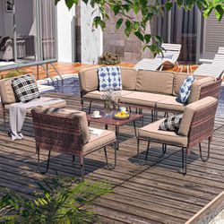 7Pc Patio Furniture Set, Outdoor Sectional Sofa Couch, Grey Wicker Rattan Patio Conversation Set with Cushions and Tabl