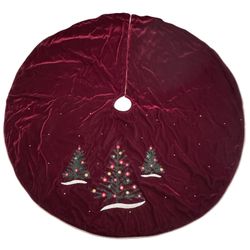 Burgundy Velvet Beaded Christmas Tree Skirt Embroidered Trees Gold Trim 53 Inch