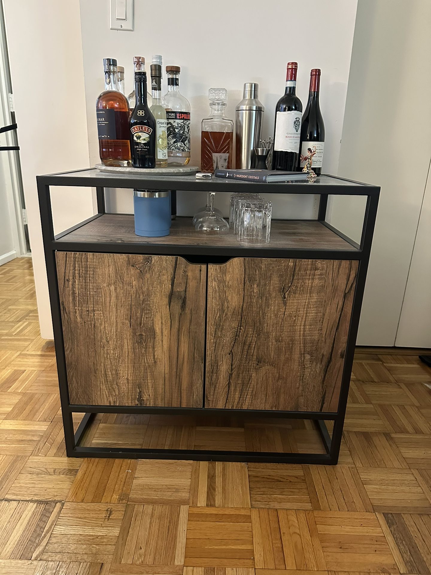 30” Bar Cabinet With Glass Top, Shelf, And Cabinet
