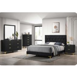 5 Piece Bed Set Black Velvet Bed Frame With Gold Accents Dresser Nightstand Mirror Chest Brand New In Box Firm Price Queen $850 Eastern King $899