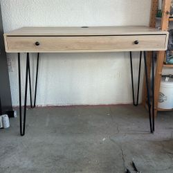 Light Sand Color Work Desk With 3 Divided Sections In Drawer And Computer Cord Access On Top