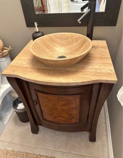 Brown and Beige Bathroom Vanity with Stone Vessel Sink