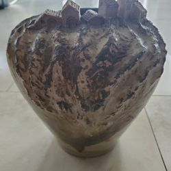Glazed Clay brown vase 26 " around small houses on top of rim